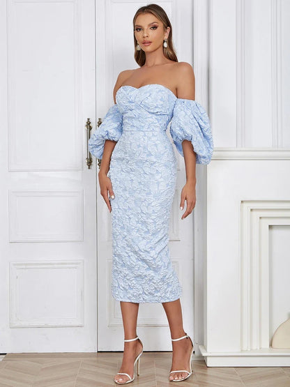 Flower Print Sky Blue V-Neck Bodycon Lace Dress