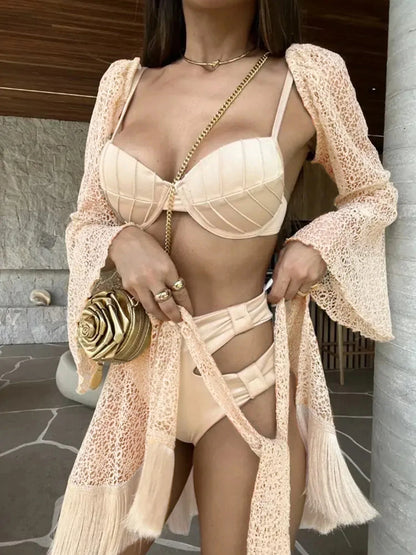 Tassel Skirt Long Sleeve Mini Skirt Three Piece Swim Sets