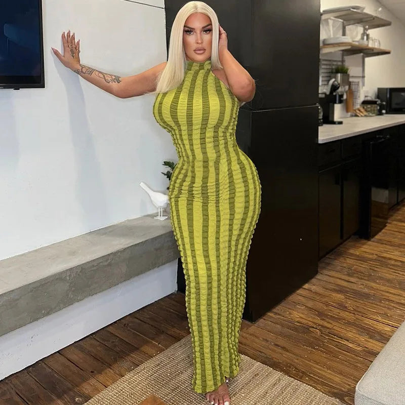 Patchwork Halter Ruched Maxi Dress