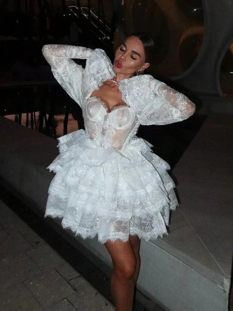 Puff Sleeve Layered Ruffle High Waist Lace Dress