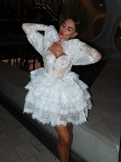 Puff Sleeve Layered Ruffle High Waist Lace Dress