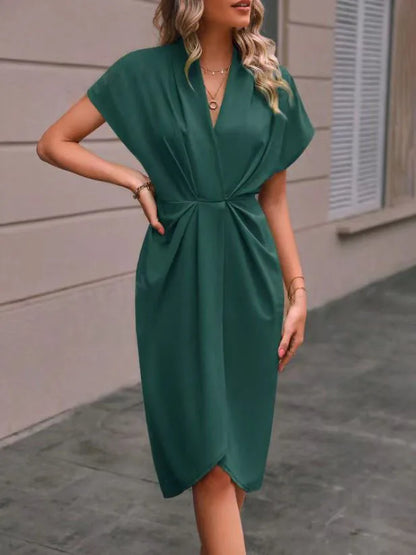 Short Sleeve Deep V Neck Draped High Waist Work Dress