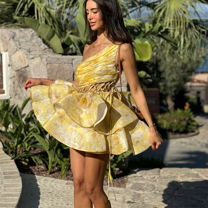 Single Shoulder Pleated Floral Dress