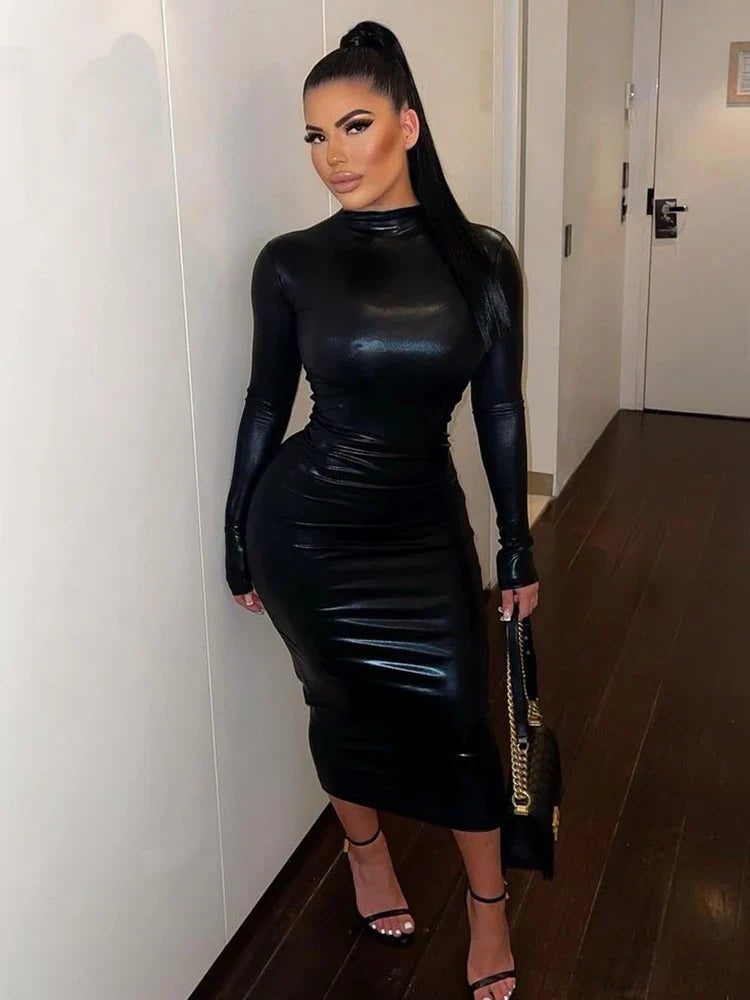 Faux Leather Turtleneck Slim Midi Dress