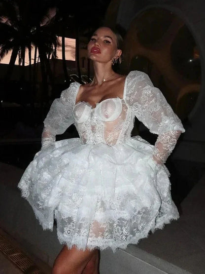 Puff Sleeve Layered Ruffle High Waist Lace Dress