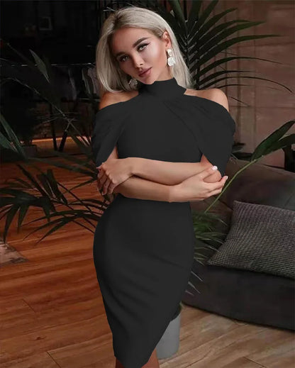 Solid Halter Off Shoulder Hip Package Bodycon Work Dress
