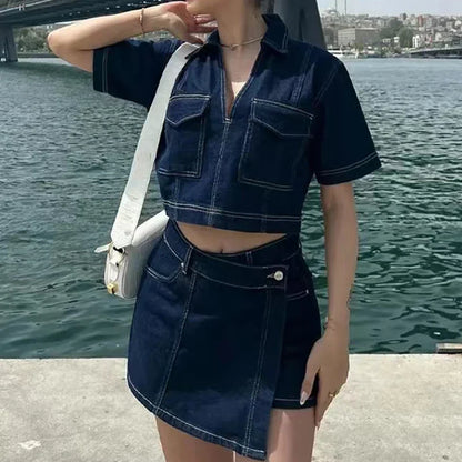 Crop Solid Denim V-neck Short Sleeve Blouse