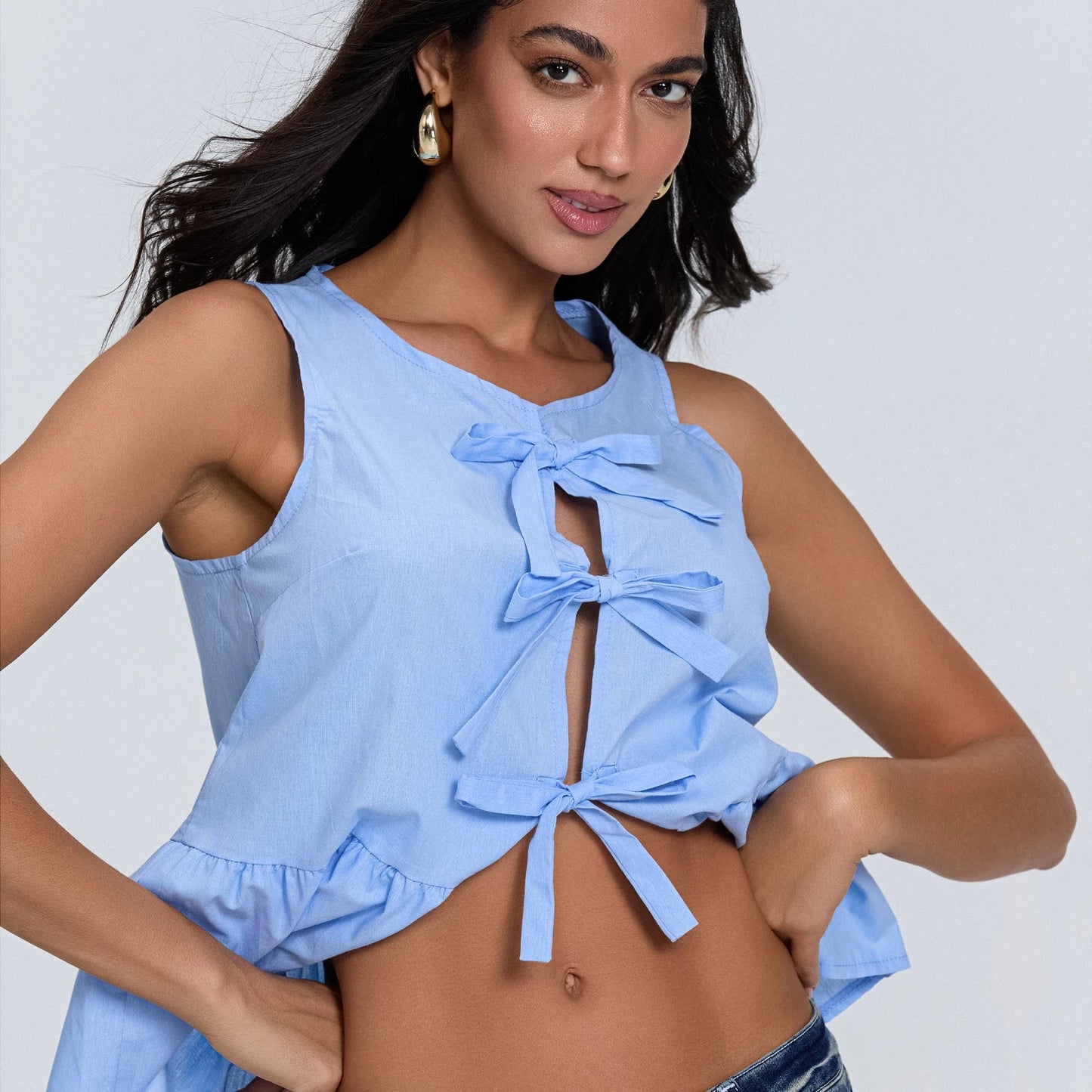 Solid Tie Front Round Neck Cami Top