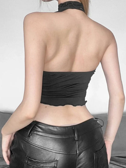 Asymmetrical Lace-Up Black Sheer Top