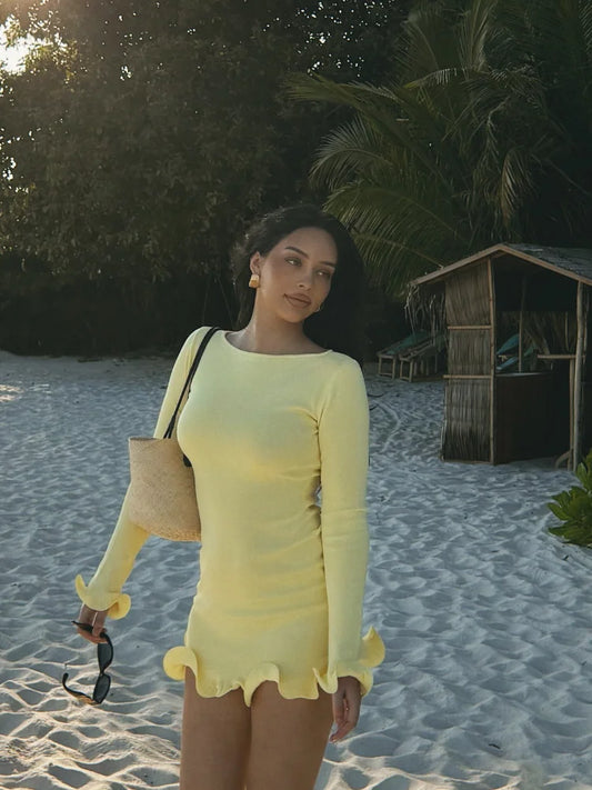 Ruffle Hem High Waist Long Sleeve Mini Dress