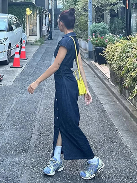 Lapel Baggy Single Breast Denim Casual Long Work Dress