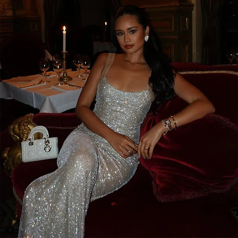 Glitter Strap Bodycon Midi Party Dress