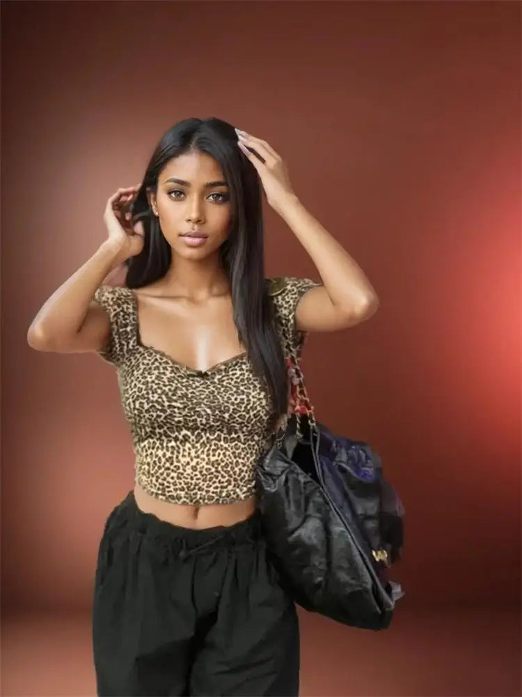 Leopard Square Collar Slim Fit Crop Top