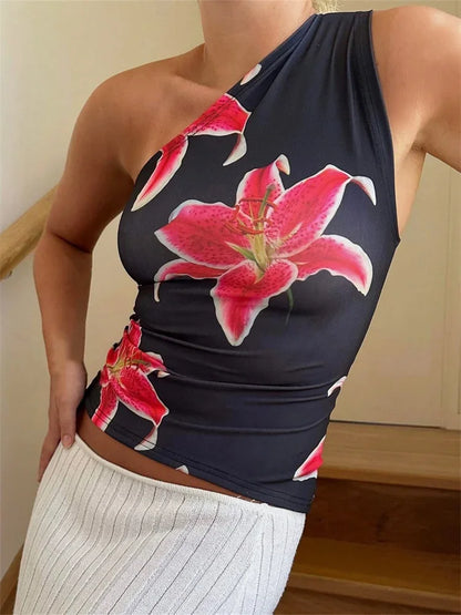 One Shoulder Vintage Floral Slash Neck Cami Top