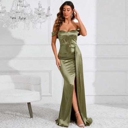 Off Shoulder Satin Mermaid Maxi Dress