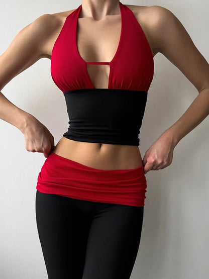 Patchwork Backless Ruched Pants Set