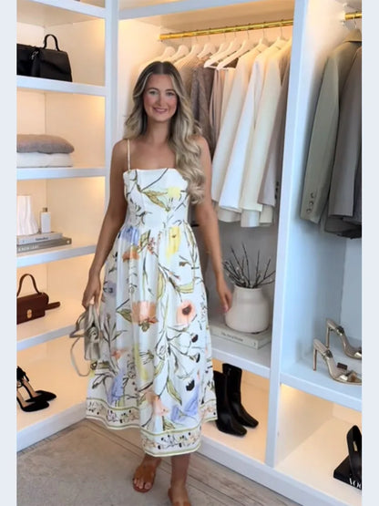 High Waist Pleated Sleeveless Floral Dress