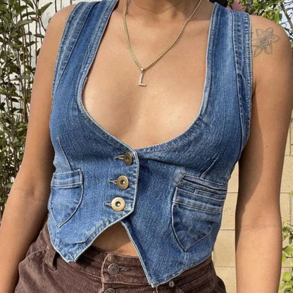 Y2K Vintage Denim V-Neck Button Down Irregular Cami Top