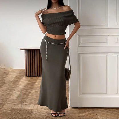 One Shoulder Slit Skirt Knit Set
