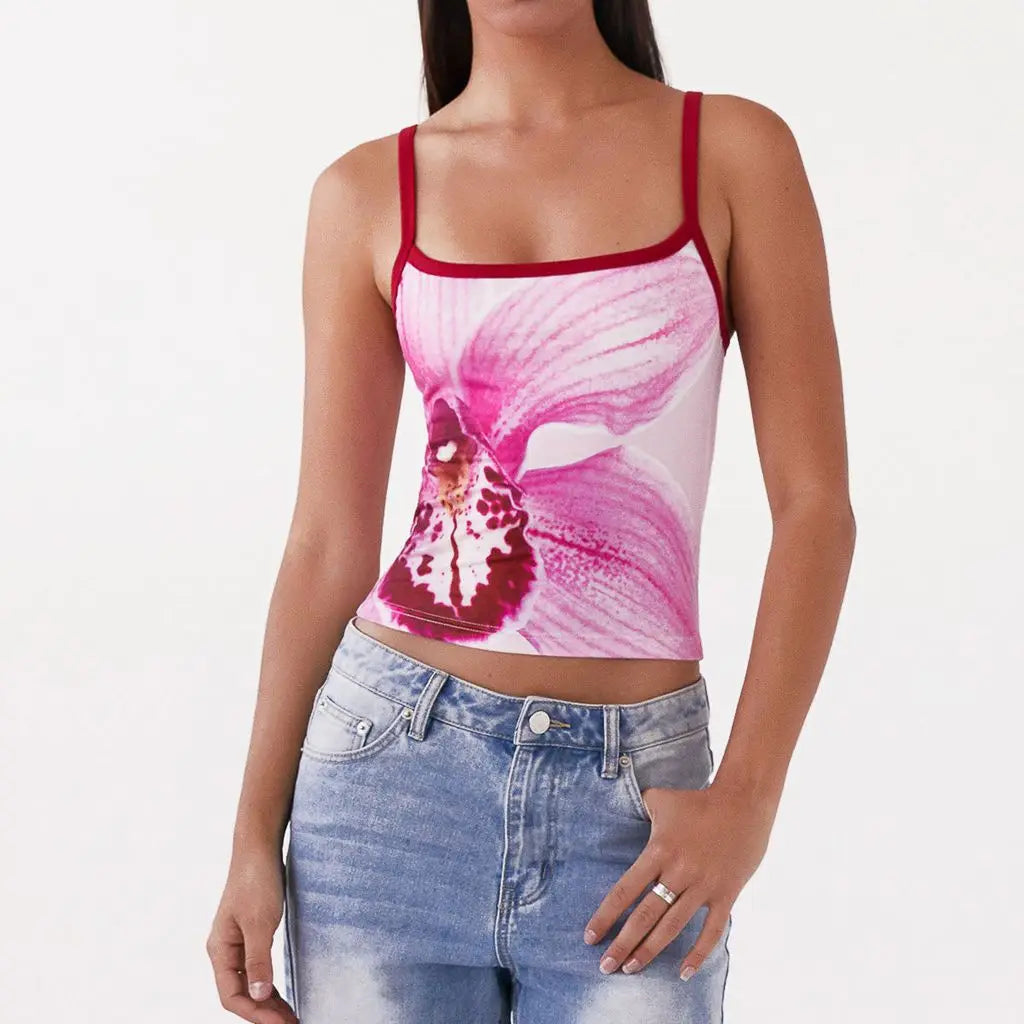 Y2K Floral Print Contrast Trim Slim Cami Top