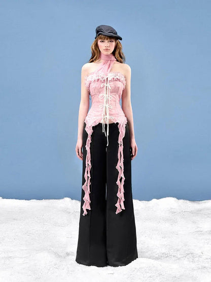 Mesh Scarf Patchwork Lace Ruffled Sheer Top