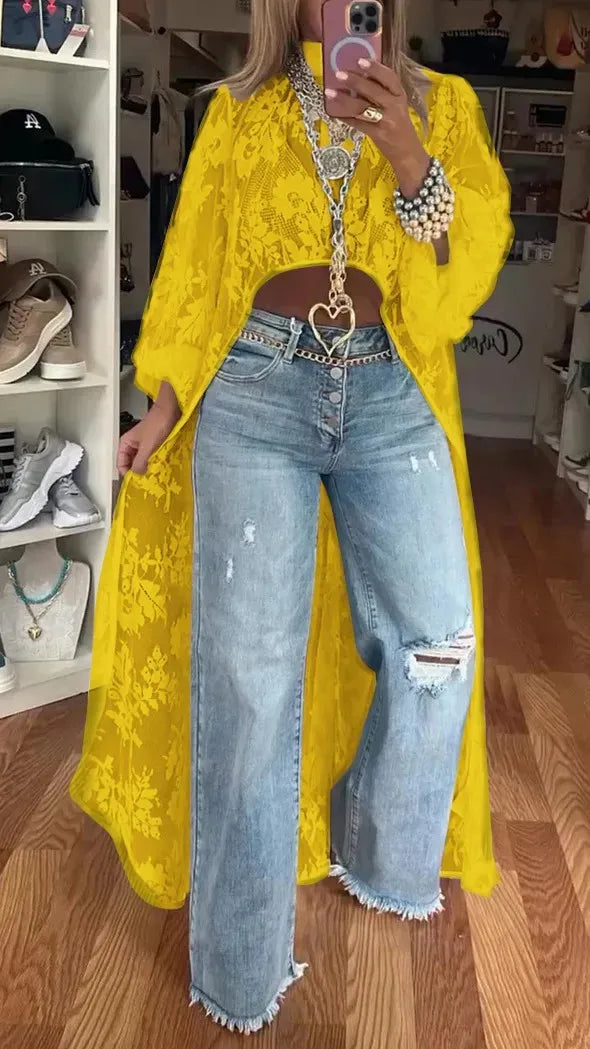 Lace Floral High Neck Puff Sleeve Blouse