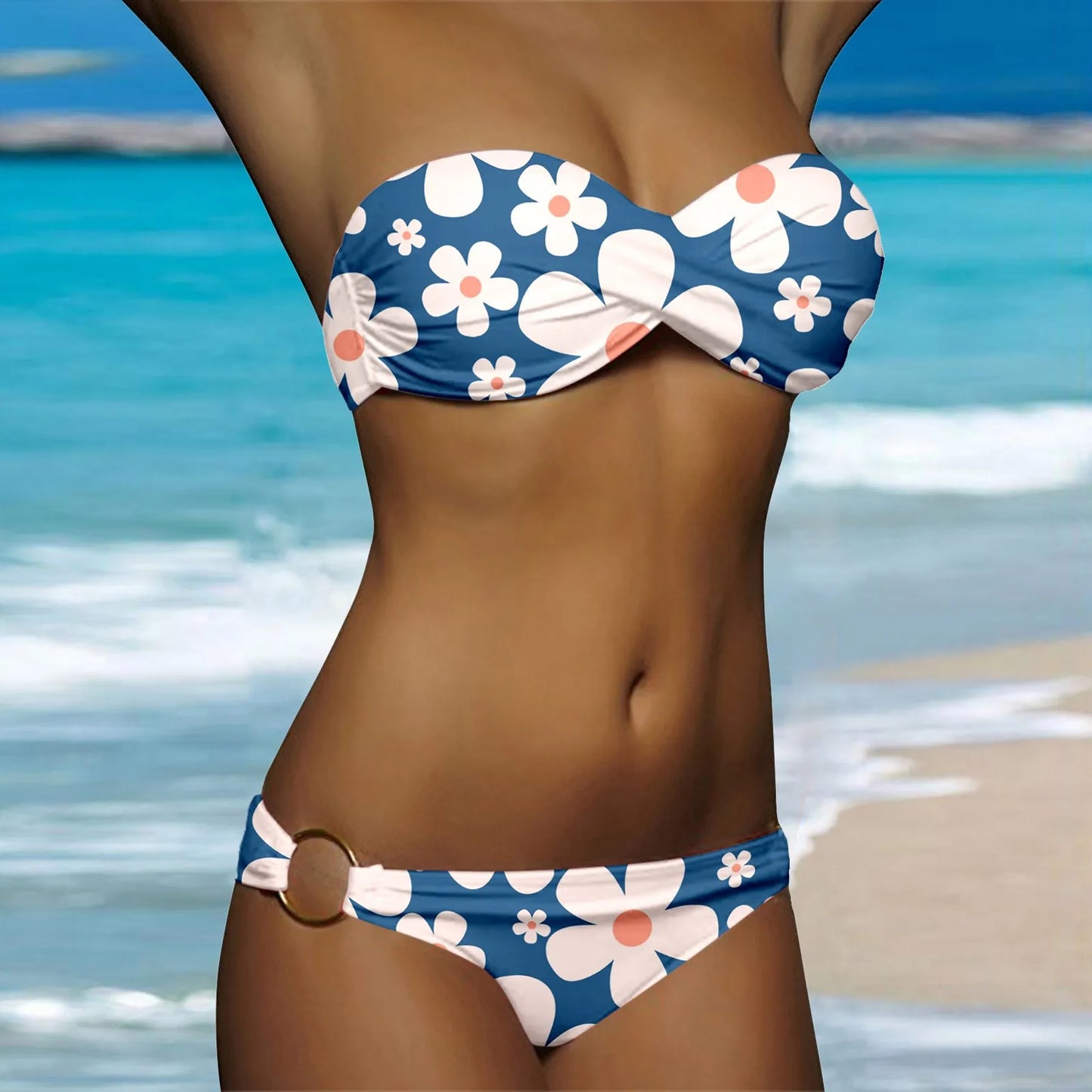 Ruched White Dot Print Two Piece Swim Sets