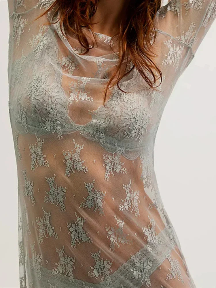 High Slit Swimwear Cover-Up Long Lace Dress