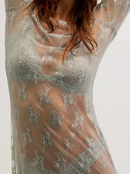 High Slit Swimwear Cover-Up Long Lace Dress