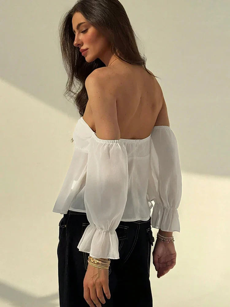 Creamy Slash Neck Flared Strapless