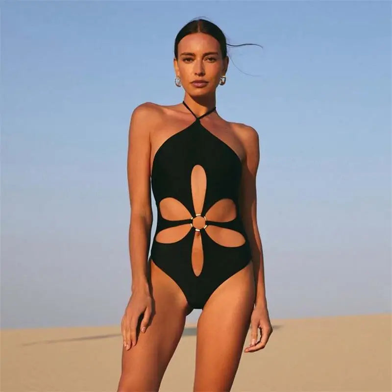 Solid Color Flower Patchwork One Piece Swimwear