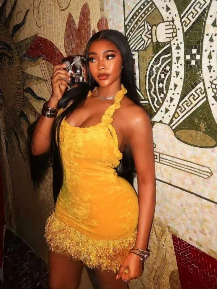 Tassel Halter Bandage Patchwork Party Dress