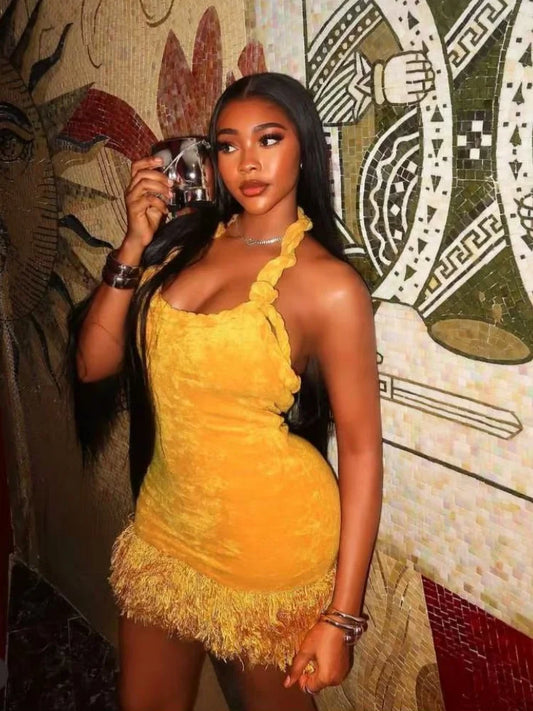 Tassel Halter Bandage Patchwork Party Dress