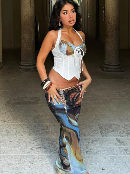 Lace-up Print Maxi Skirt Knit Set