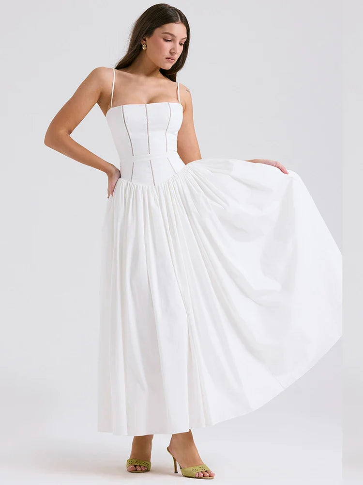 White Spaghetti Strap Backless Midi Dress