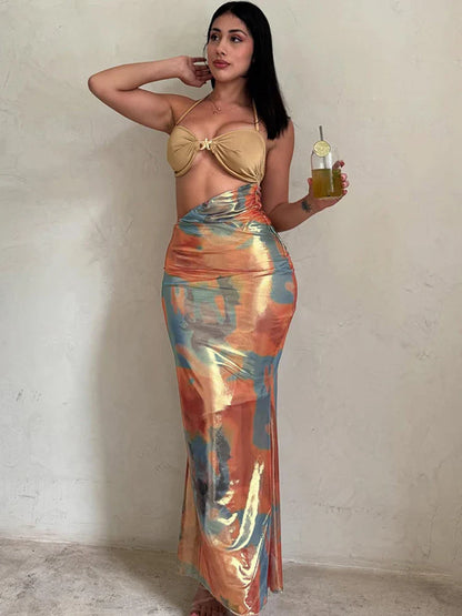 Colorful Patchwork Halter Floral Dress