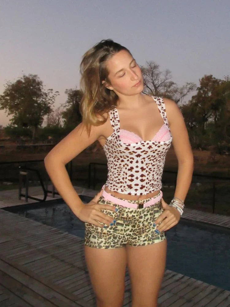 Leopard Print Mesh Patchwork Square Collar Cami Top