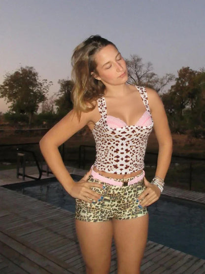 Leopard Print Mesh Patchwork Square Collar Cami Top