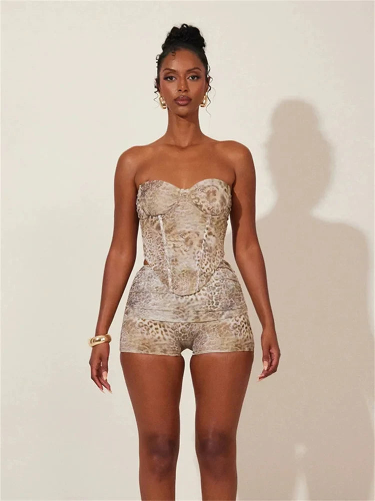 Animal Print Strapless Crop Tank Top Two Piece Shorts Set