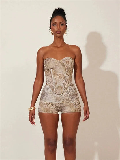 Animal Print Strapless Crop Tank Top Two Piece Shorts Set