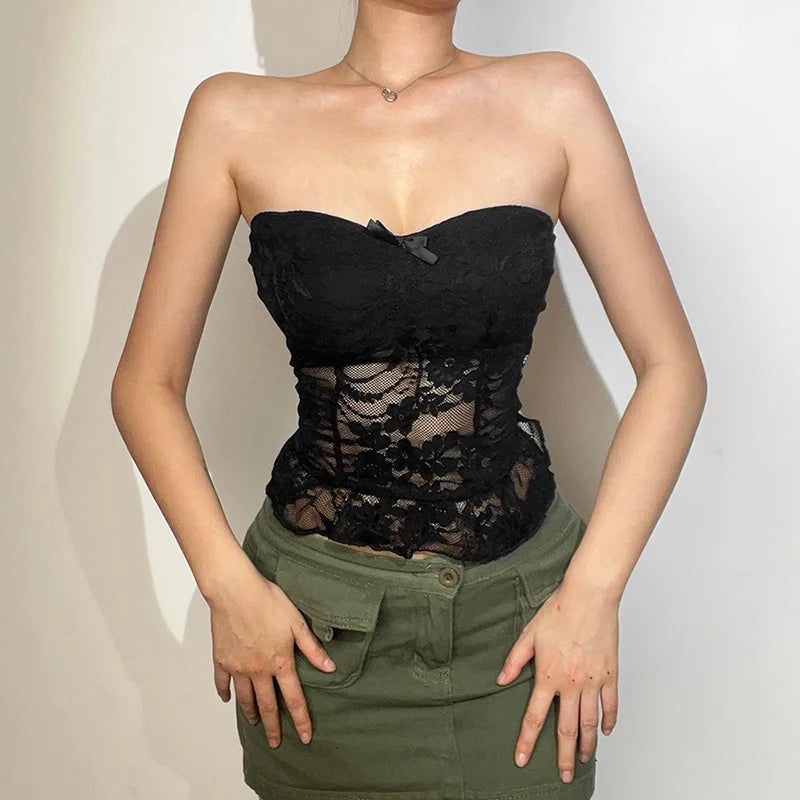 Lace Mesh Backless Tube Strapless
