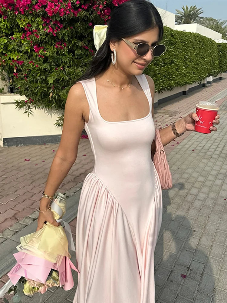 Solid Pleated Square Neck Midi Dress