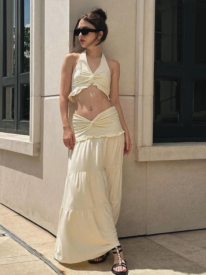 Ruched Halter Backless Ruffle Waist Two Piece Skirt Set