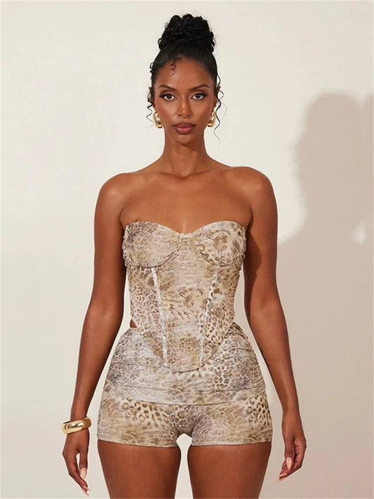 Animal Print Strapless Crop Tank Top Two Piece Shorts Set