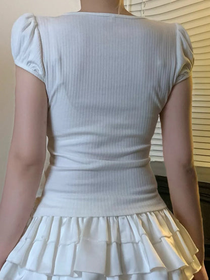 Cat Print Square Neck Slim Fit T-Shirt Crop Top