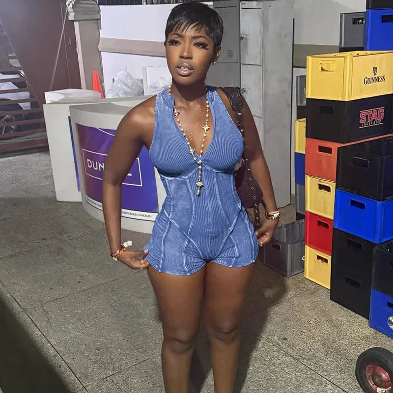 Zipper Striped Sleeveless Sporty Romper