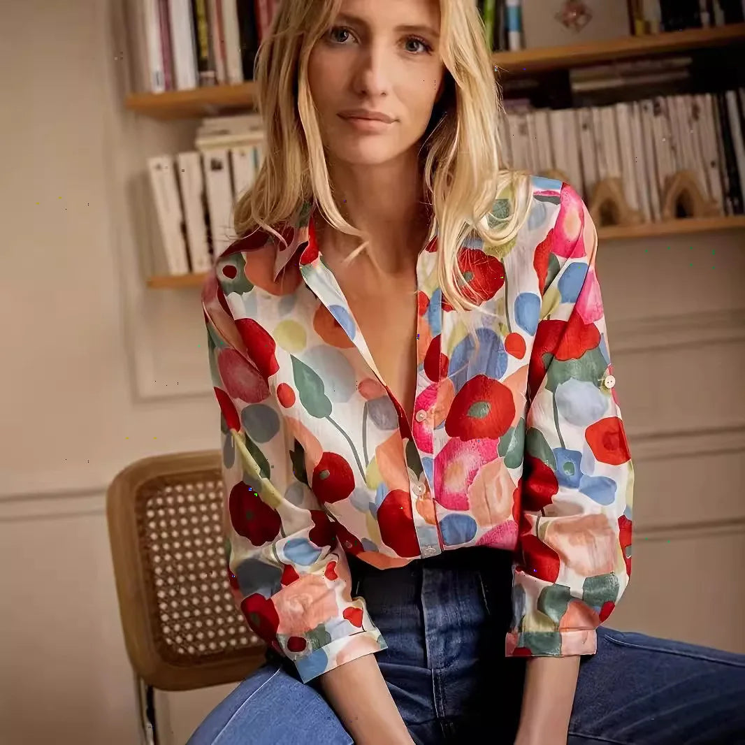 Simple Cartoon Floral Print Plus Size Blouse