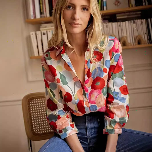 Simple Cartoon Floral Print Plus Size Blouse