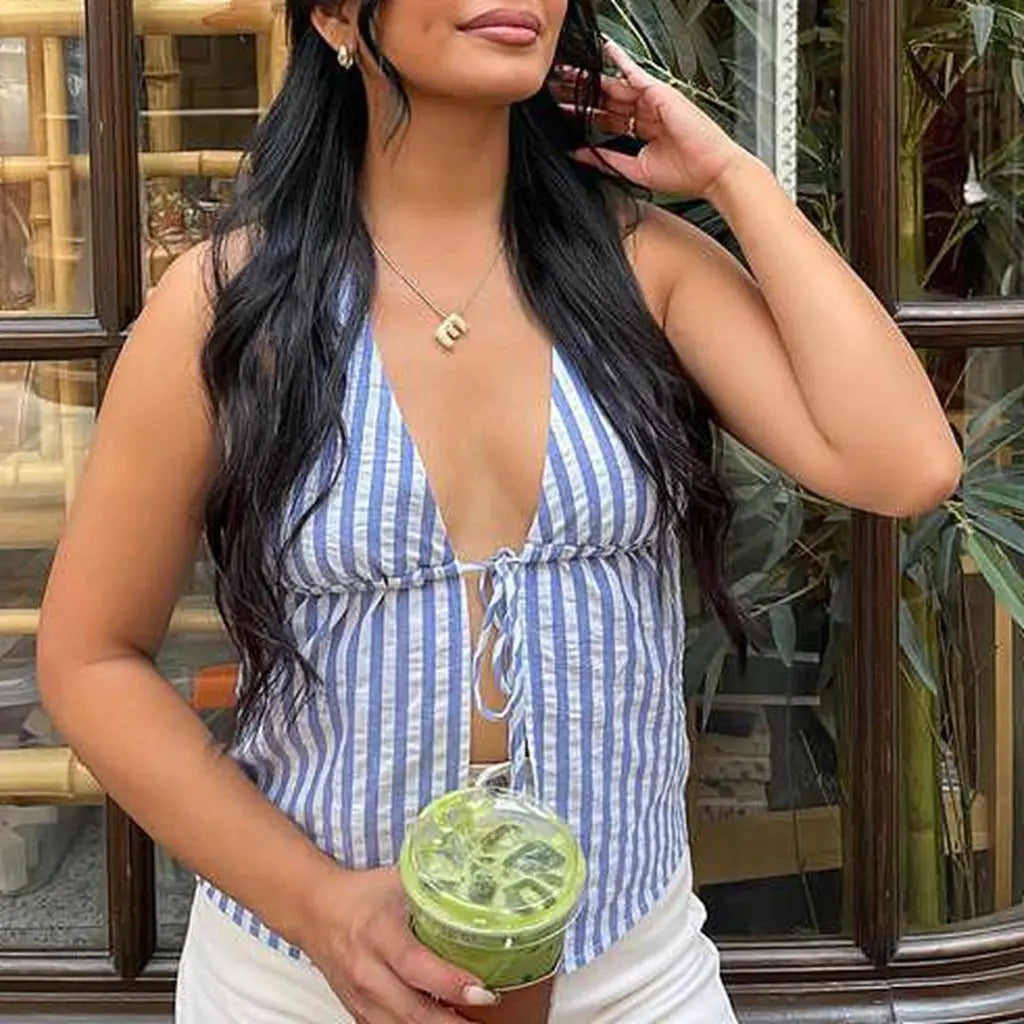 Y2K Striped Backless Tie-Up Front Halter Cami Top