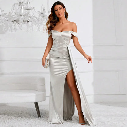 Off Shoulder Satin Mermaid Maxi Dress